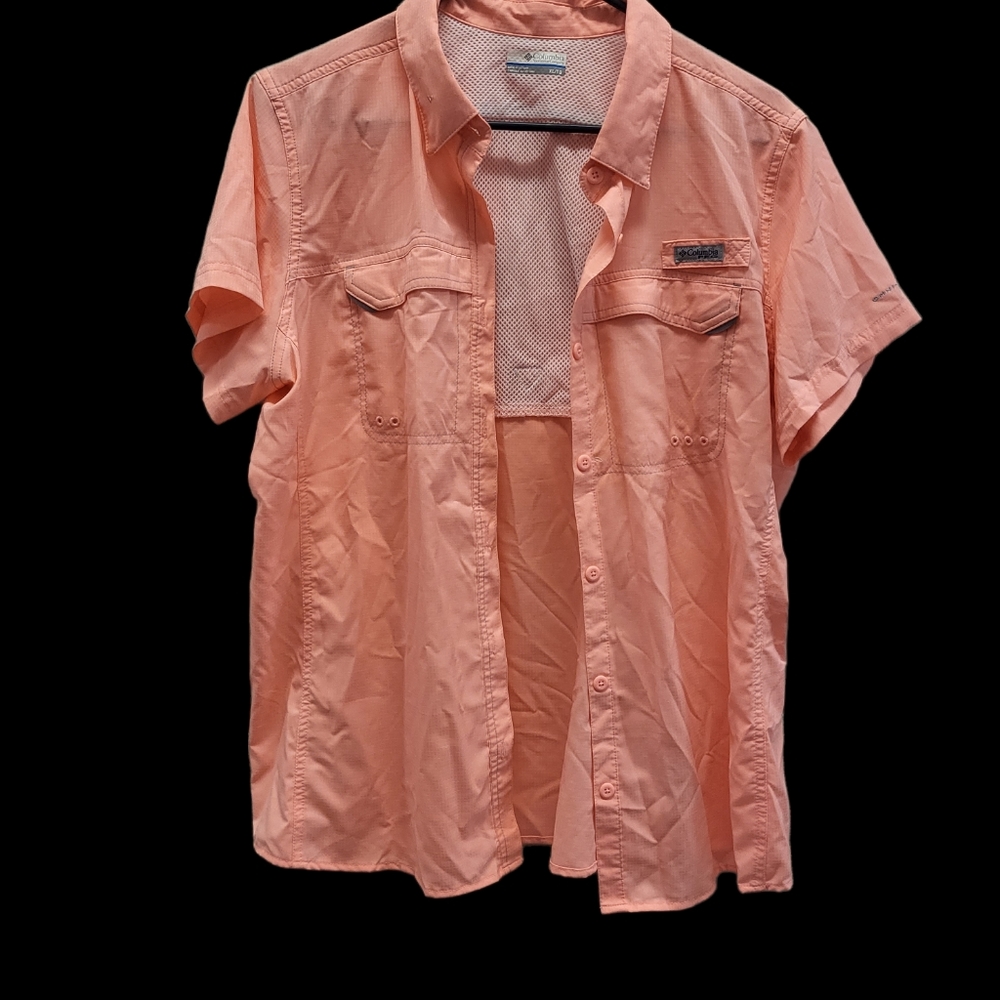 Columbia PFG Vented Shirt Mens XL Coral Short Sleeve Button Shirt Fishing Logo